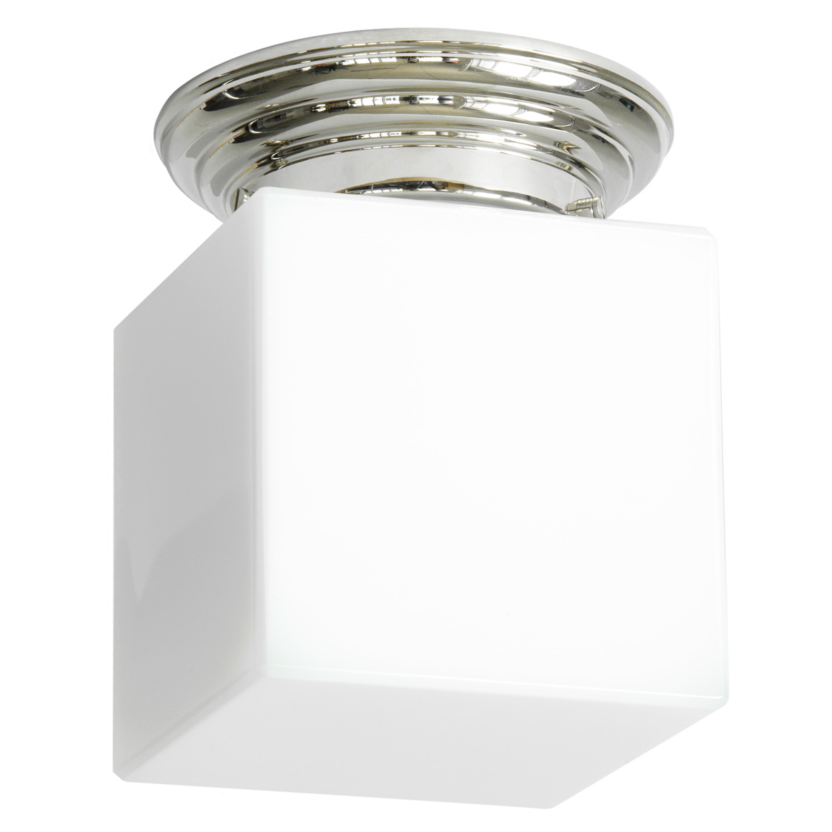 Kleine Messing-Deckenleuchte mit opalenem Würfel-Glas 12/15/20 cm Kleine Messing-Deckenleuchte mit opalenem Würfel-Glas 12/15/20 cm