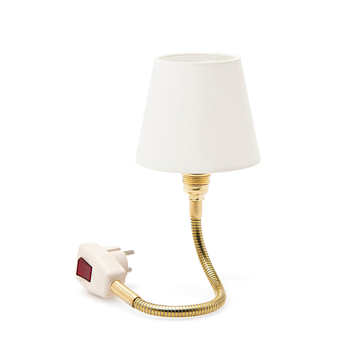 Flexible Brass Plug-In Light GLÜHWÜRMCHEN, White Fabric Shade