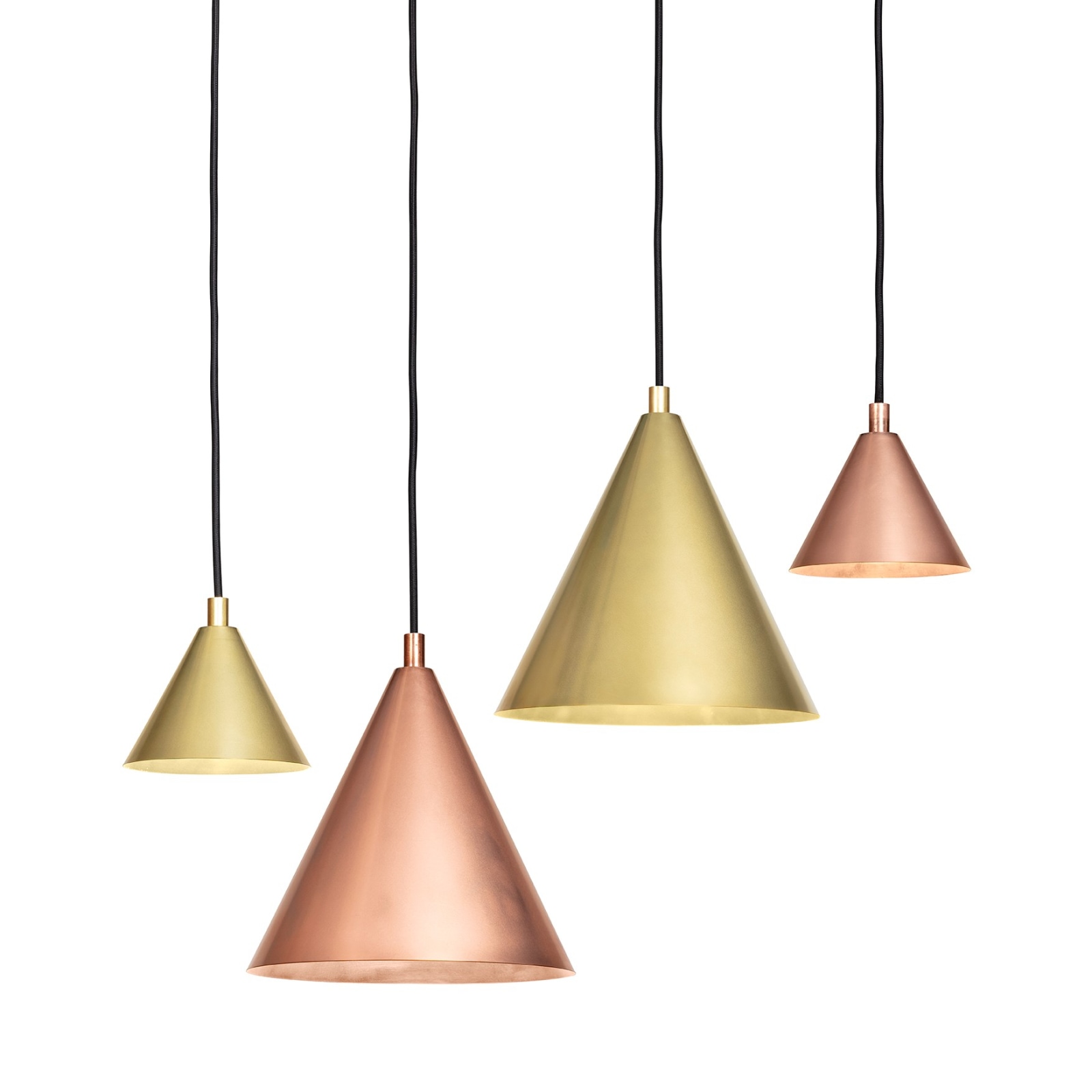 Fig. 1: The cone-shaped pendant lamp is available in two sizes. Cone-Shaped Pendant Light TRATTEN made of Copper and Brass: The cone-shaped pendant lamp is available in two sizes.