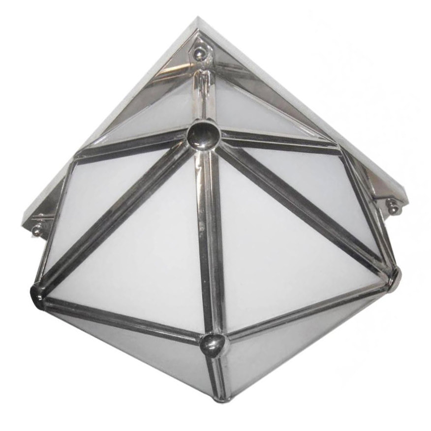 Geometrische Deckenleuchte mit verglastem Messing-Gehäuse, 3 Größen: Verchromt, mit opal-weißem Glas