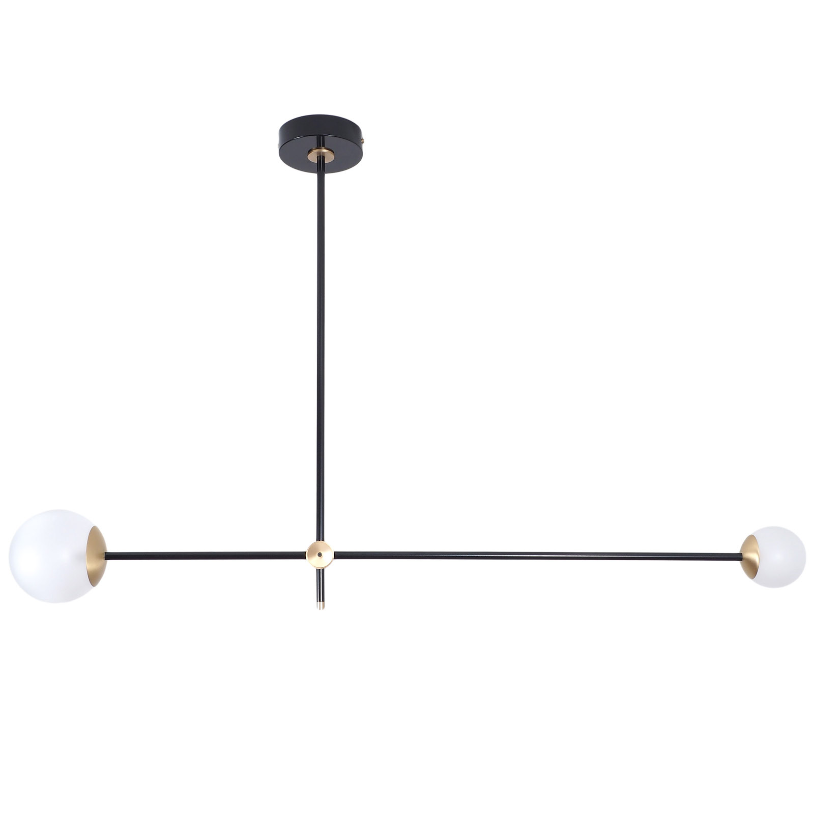 Asymmetrisch balancierter Design-Leuchter mit zwei Glaskugeln Asymmetrisch balancierter Design-Leuchter mit zwei Glaskugeln