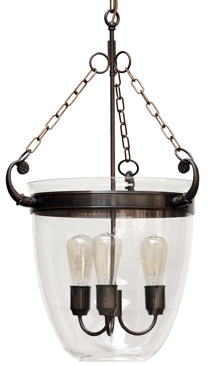 Exklusive, klassische Pendelleuchte im Empire-Stil: Dreiflammige, klassiche Hängeleuchter-Laterne mit Rundglas, hier in „Messing Antik“
