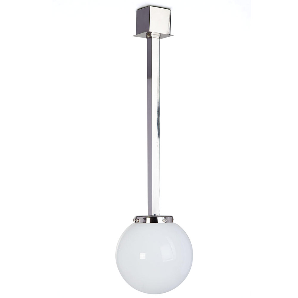 Bild 4: Opal-Glaskugel Deckenleuchte, hier das mittlere Modell, Ø 25 cm in „Nickel poliert“ Deckenleuchte mit Opalglas-Kugel an Vierkant-Aufhängung, Ø 20 bis 40 cm: Opal-Glaskugel Deckenleuchte, hier das mittlere Modell, Ø 25 cm in „Nickel poliert“