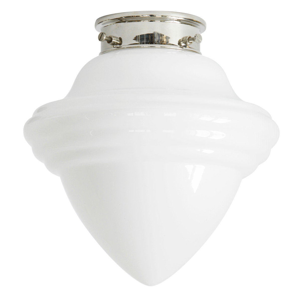 Kleine Deckenlampe mit spitzem Art déco-Opalglas Ø 16 cm: Deckenleuchte, abgebildet mit schlankem, glatten Deckenteil in Messing glanzvernickelt (momentan leider nicht lieferbar)