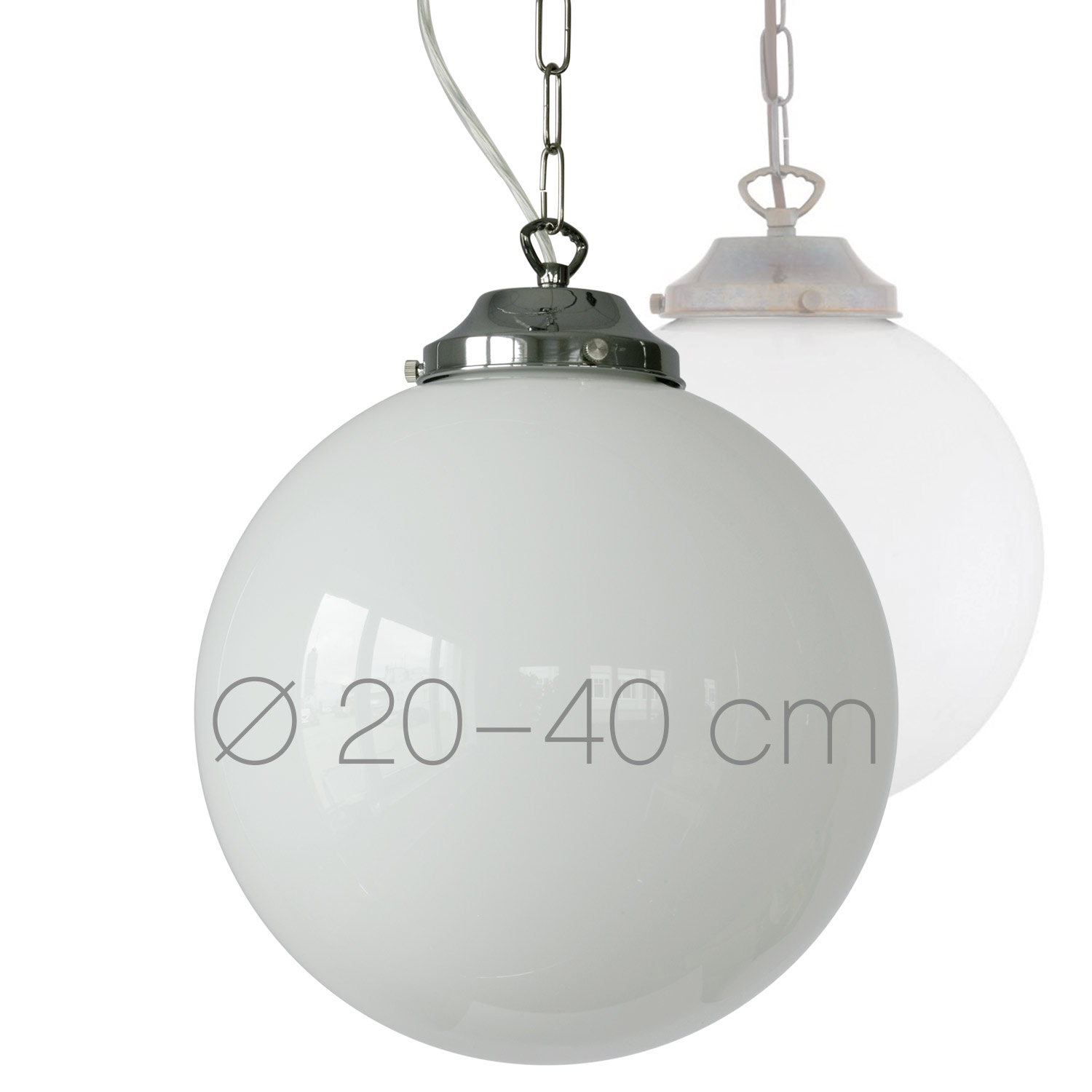 Classic ball pendant lights with opal glass ball and chain, Ø 20–40 cm