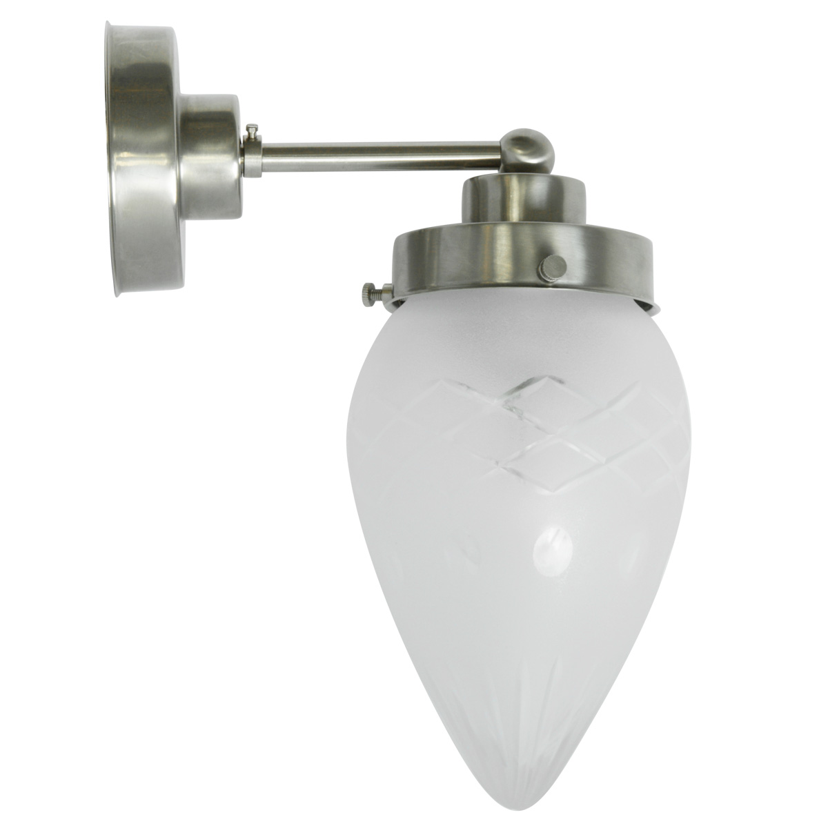 Jugendstil-Wandlampe mit satinierten Schliff-Spitzglas: Wandhalterung aus Messing mattvernickelt (Modell 2)