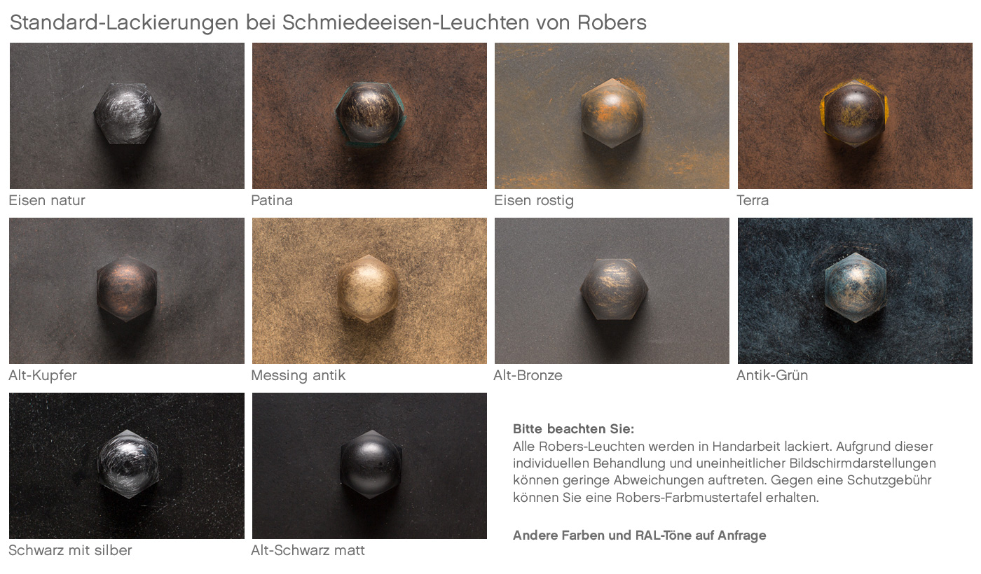 Geschmiedete Stab-Pendelleuchte mit Strahler: Die erhältlichen Schmiedeeisen-Oberflächen bei Robers