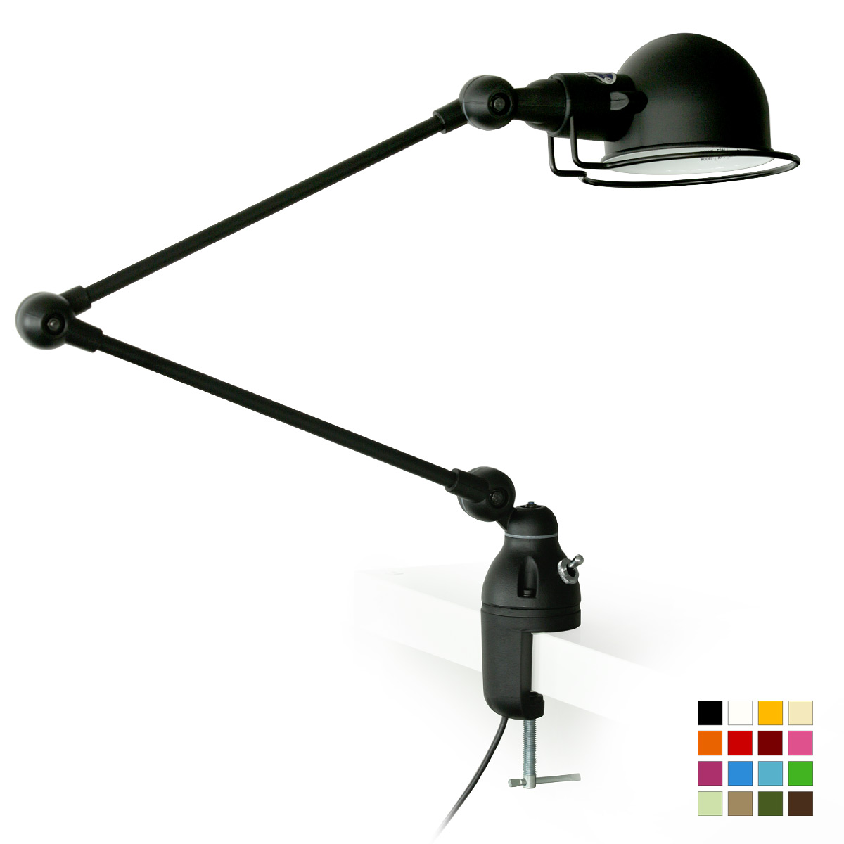 Klemm-Lampe SIGNAL für Tischplatten und Regale: Klemm-Lampe für Arbeits-Tischplatten und Regale bis 40 mm, hier Modell 2 mit zwei Armen (Jieldé SI332), Graphitschwarz (RAL 9011) matt