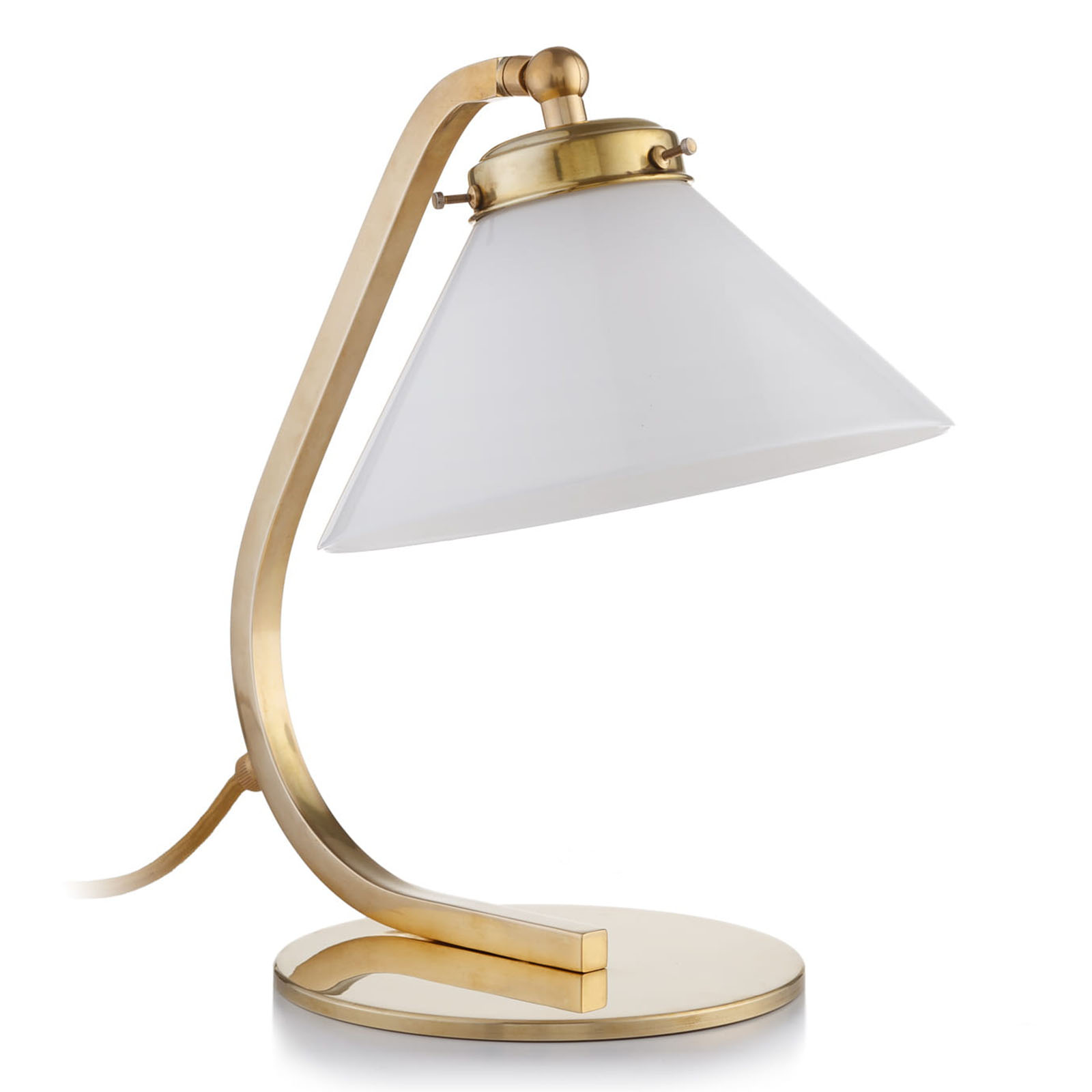 Bild 5: Zeitlose, kleine Nachttischlampe mit Glasschirm, hier in Messing poliert, unlackiert Kleine Tischleuchte aus Messing mit Kegel-Schirm: Zeitlose, kleine Nachttischlampe mit Glasschirm, hier in Messing poliert, unlackiert