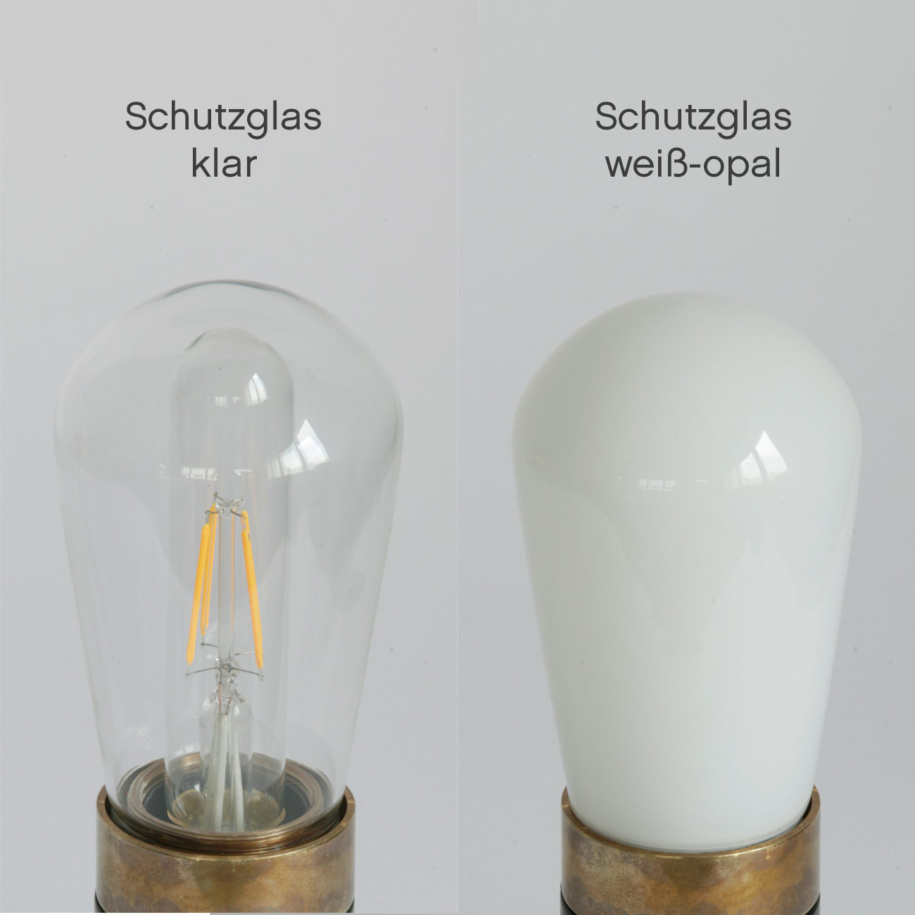 Schlichte Badezimmer-Wandlampe mit Glaskolben, IP65: Klares oder weiß-opales Schutzglas (hier in einer Halterung in Alt-Messing antik patiniert)