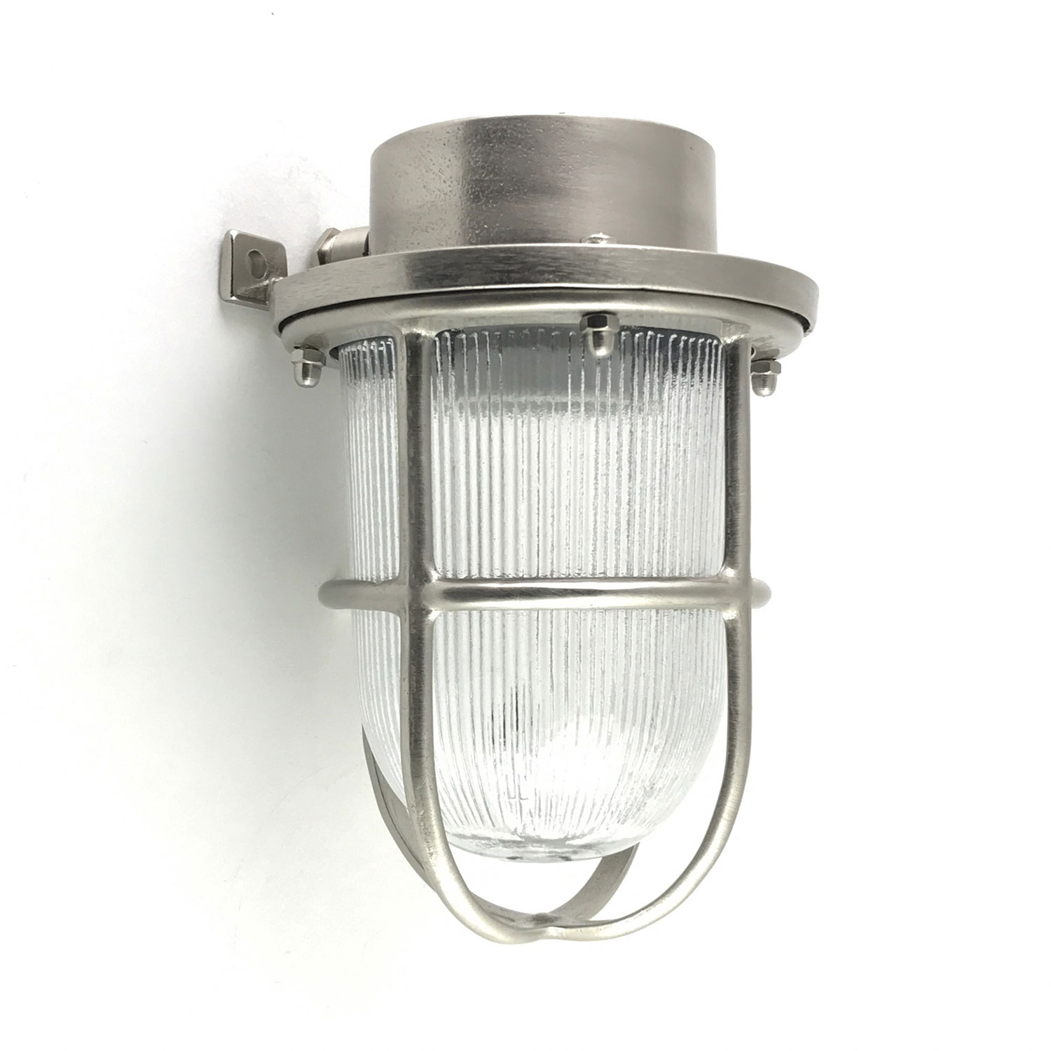 Nautische Wandlampe aus Messing und Rillen-Glaszylinder, Schutzgitter, IP64: Nickel matt