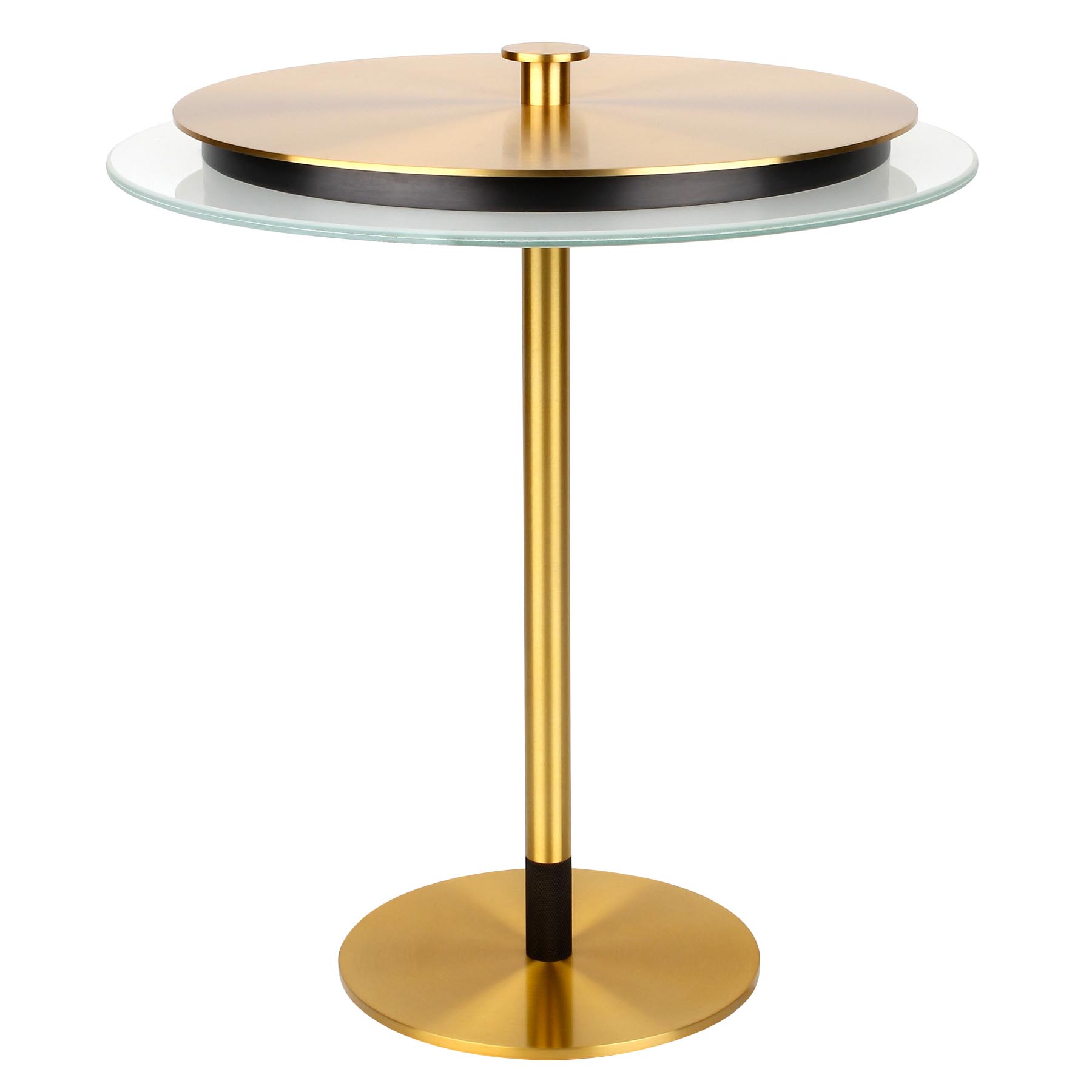 Elegante Messing-Tischleuchte JOHNSON mit Diffusor-Scheibe: Die elegante Scheiben-Tischleuchte, hier in der Oberfläche „18 Messing satiniert“