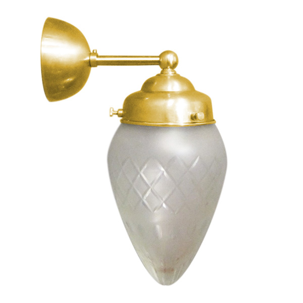 Jugendstil-Wandlampe mit satinierten Schliff-Spitzglas: Wandhalterung aus Messing natur (Modell 1)