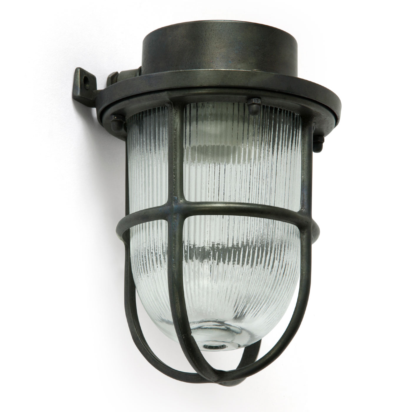 Nautische Wandlampe aus Messing und Rillen-Glaszylinder, Schutzgitter, IP64