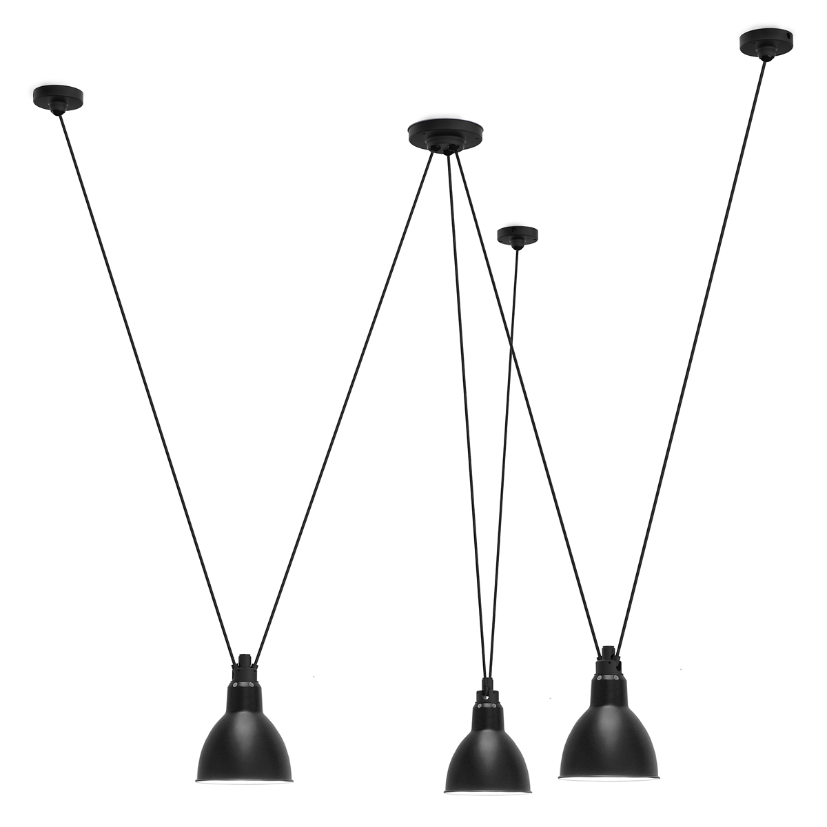 Dreifach-Pendelleuchte Les Acrobates N° 325: Dreifach-Trapez-Pendelleuchte N° 325 mit drei Schirmen ROUND L in Schwarz