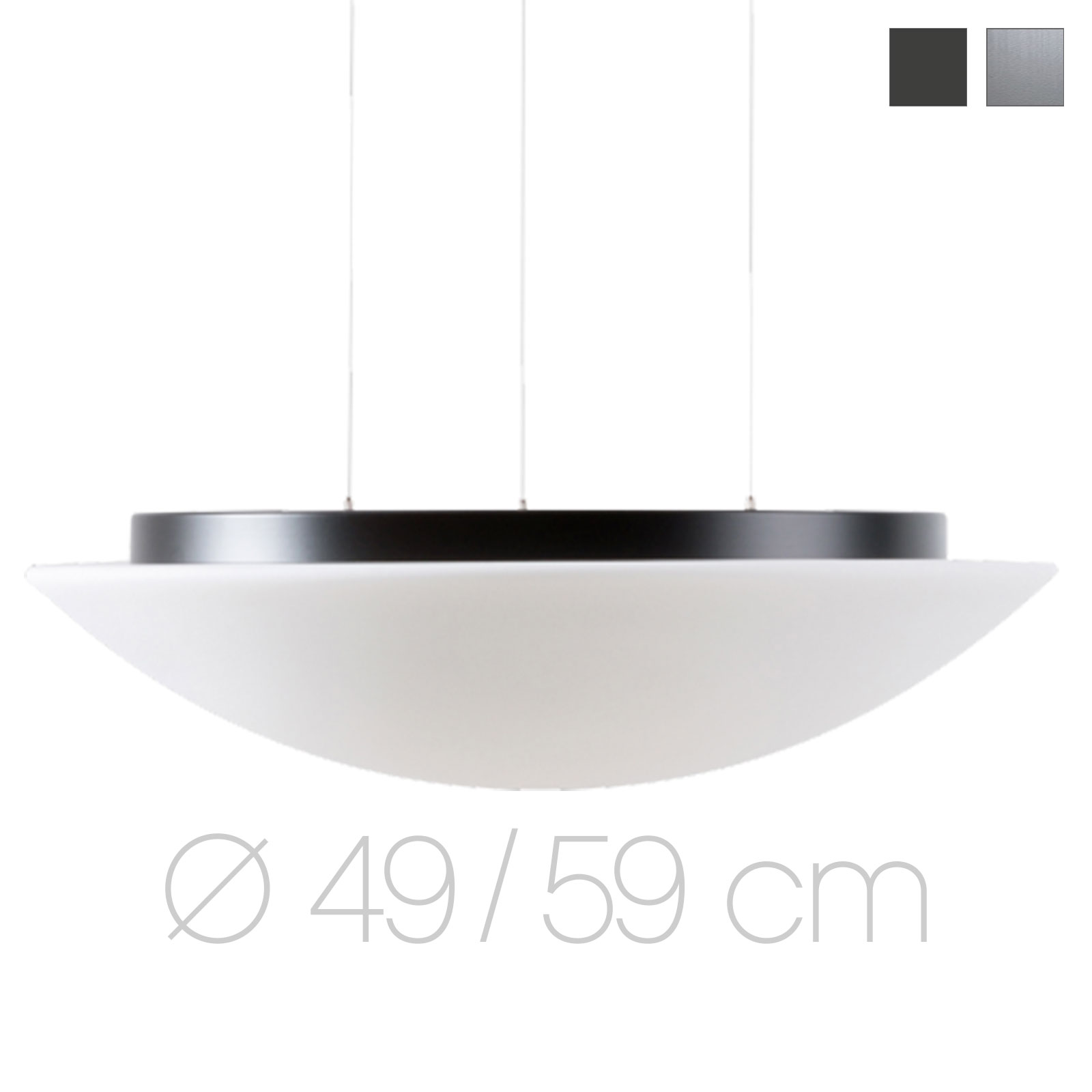 Große, flach gewölbte Opalglas-Hängeleuchte AURORA LED, Ø bis 59 cm: Bis knapp 60 cm Durchmesser: Hängeleuchte mit gewölbter Opalglas-Schale an Stahlseilen