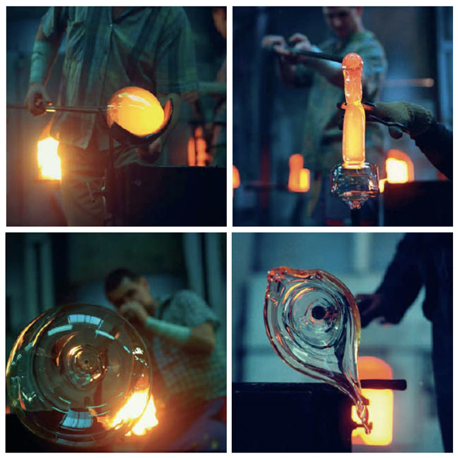 Unregelmäßige Glaszylinder-Hängeleuchte in verschiedenen Farben: Die Gläser werden in der eigenen Glashütte traditionell mundgeblasen