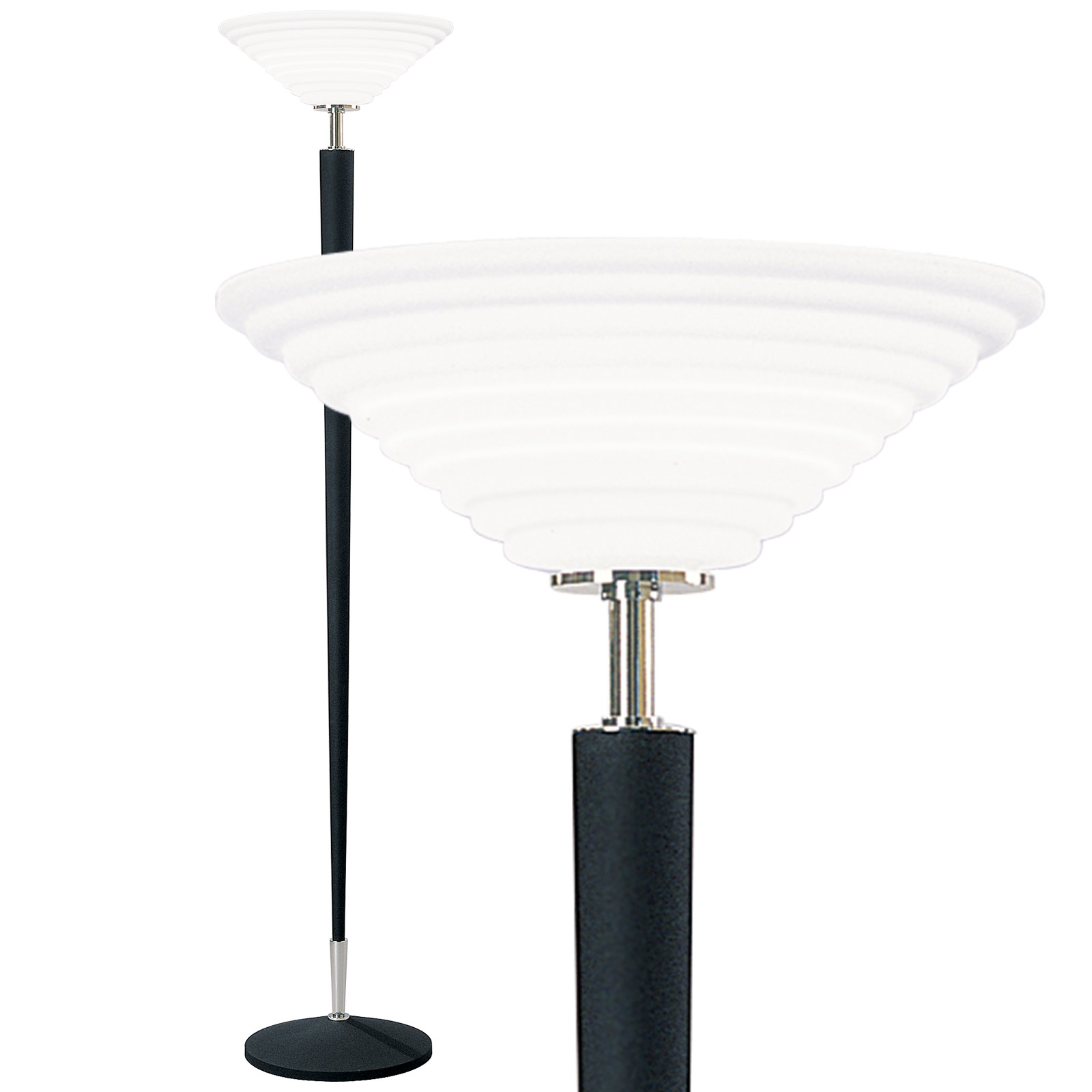 Elegante Art déco-Deckenfluter-Stehlampe „DELAGE“ aus Frankreich: Exklusive Art déco-Deckenfluter-Stehlampe, hier schwarz lackiertes Gestell, Messingteile in Nickel poliert