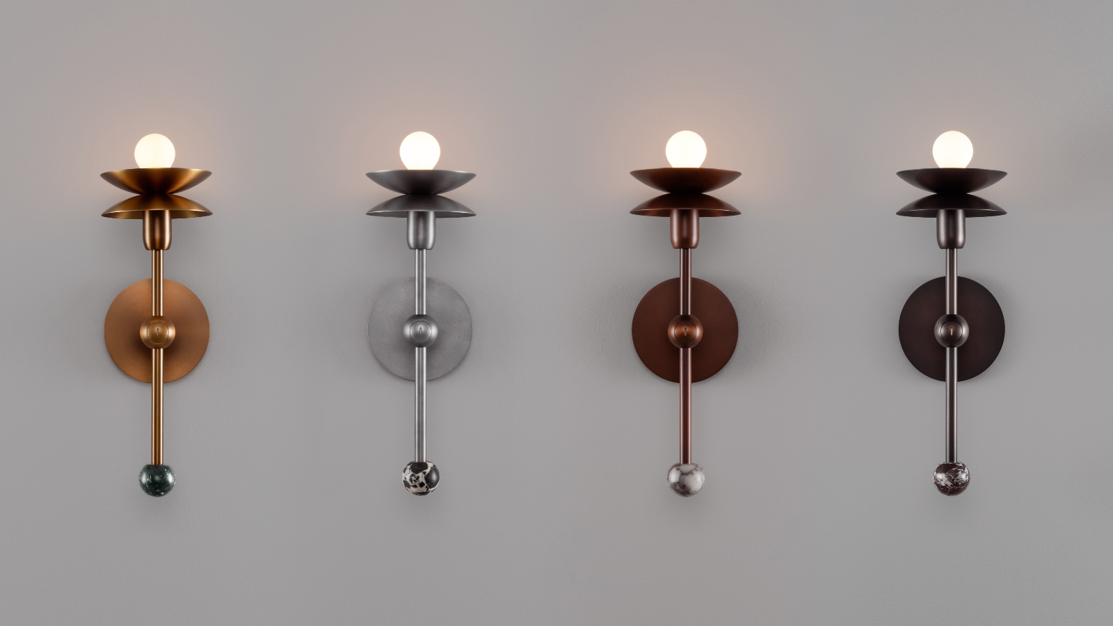 BABYLON SINGLE Sculptural Wall Light in Brass and Natural Marble: Die Oberflächen Vintage Messing, Mattsilber, Mahagoni, Bronze klassisch (von links nach rechts)