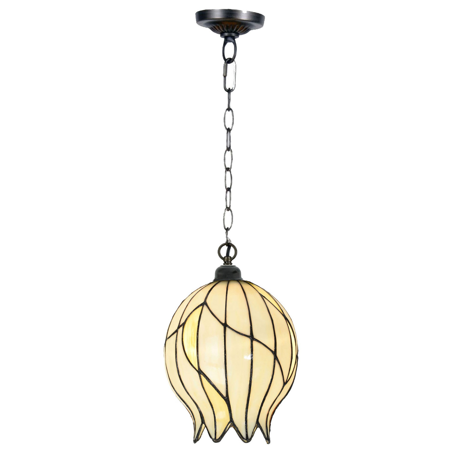 Tiffany-Hängeleuchte mit knospenförmigem Glasschirm: Die Tiffany-Lampe mit Ketten-Aufhängung