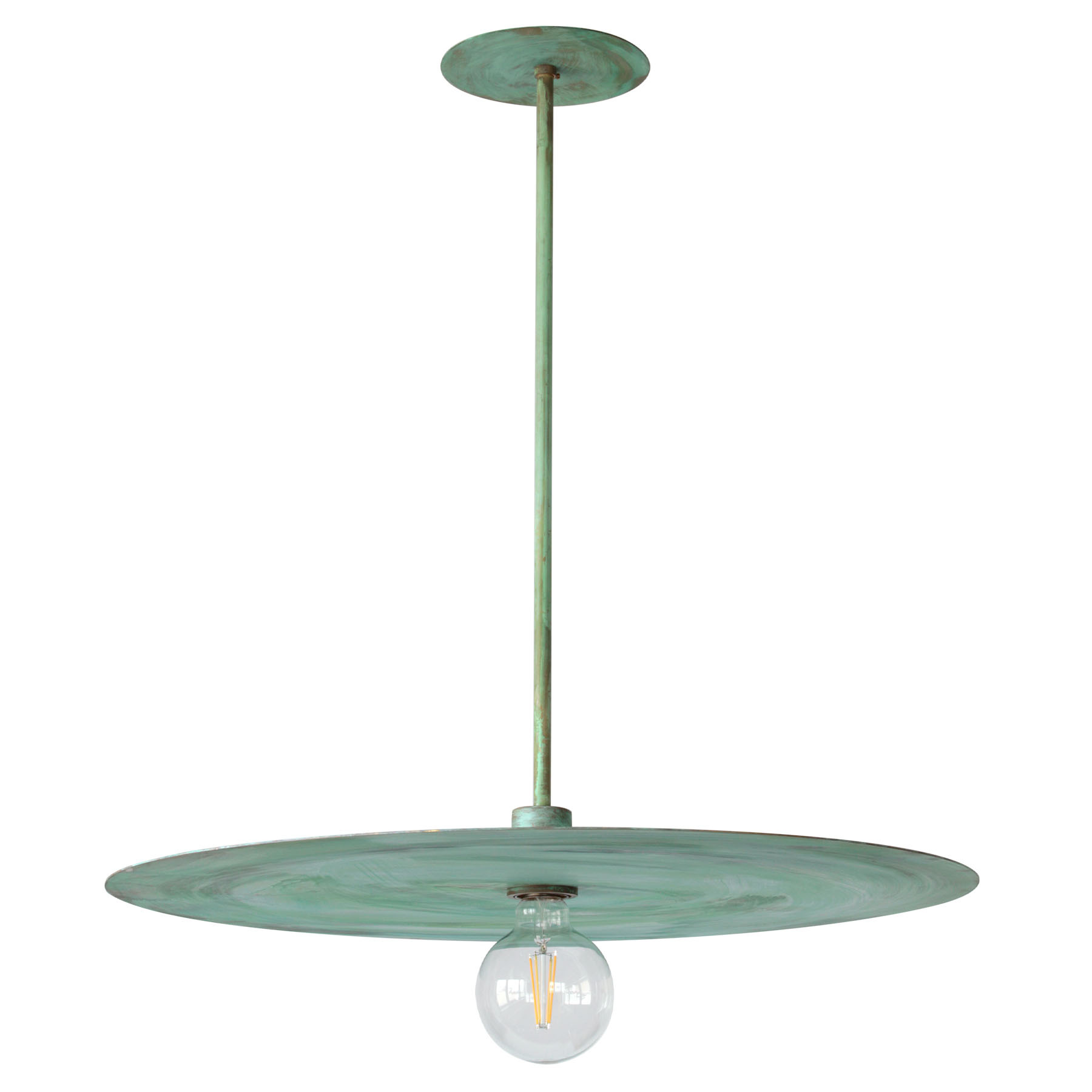 Designer pendant for dining tables with flat brass plate reflector, Ø 60 cm: Das große Modell Ø 60 in Grünspan-Patina