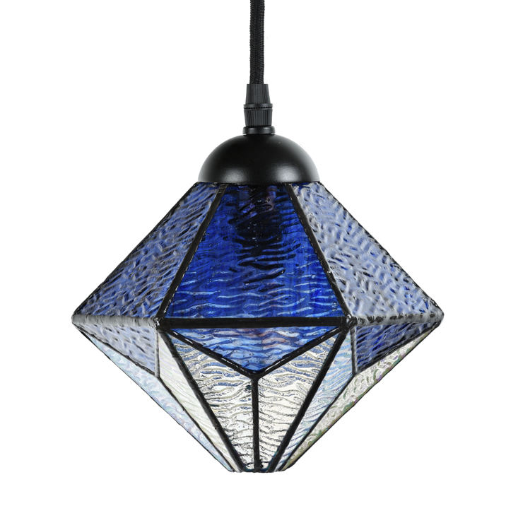 Blaue Tiffany-Hängeleuchte mit geometrischem Glasschirm Blaue Tiffany-Hängeleuchte mit geometrischem Glasschirm