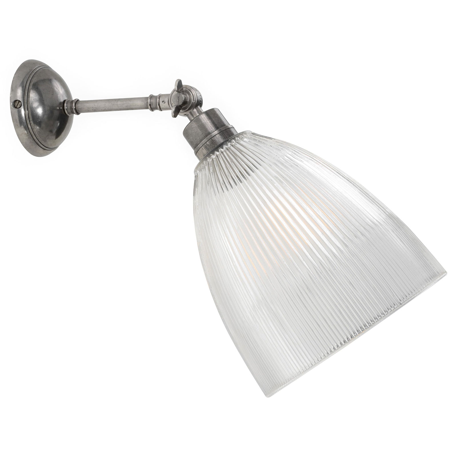 Bild 4: Messing alt-silbern patiniert Wandleuchte mit Gelenk und großem, prismatischem Glas: Messing alt-silbern patiniert