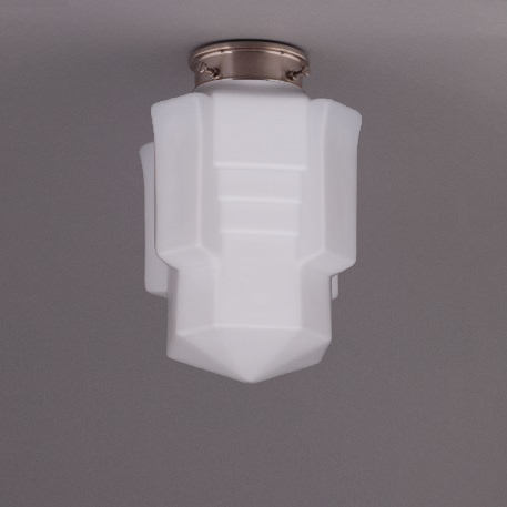 Kleine Deckenlampe mit matt-opalem Art Déco-Glas Ø 16 cm: Deckenteil schlank und glatt, matt vernickelt