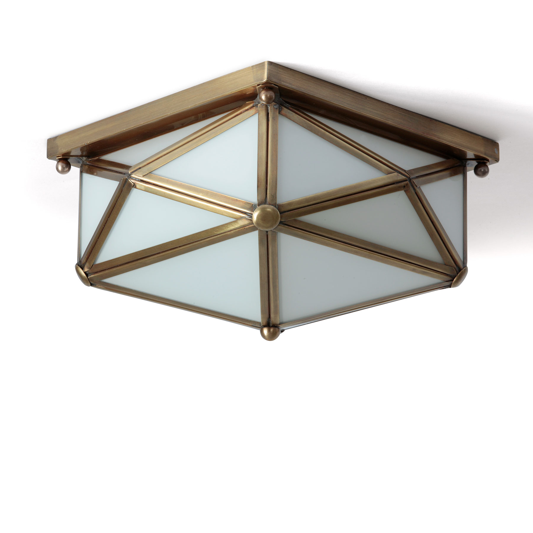 Bild 1: Geometrische, verglaste Vitrinen-Deckenleuchte (großes Modell, Messing hell brüniert, mit opal-weißem Glas) Geometrische Deckenleuchte mit verglastem Messing-Gehäuse, 3 Größen: Geometrische, verglaste Vitrinen-Deckenleuchte (großes Modell, Messing hell brüniert, mit opal-weißem Glas)
