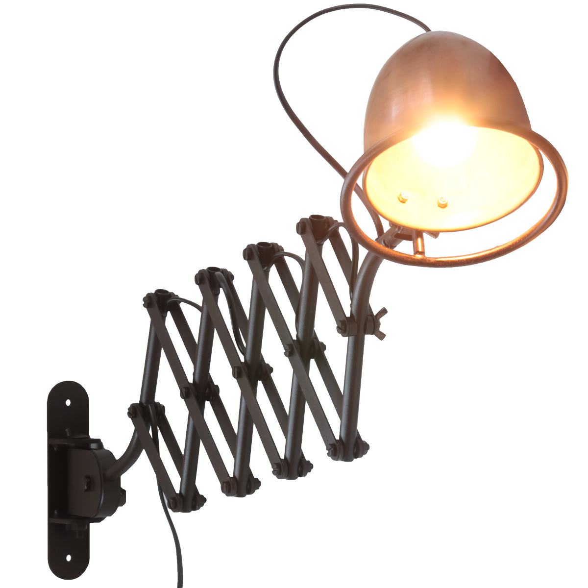 CUMINO Scherenleuchte mit Kupferschirm: Nostalgische Scherenleuchte mit Kupferschirm, innen vom Licht einer Glühbirne beleuchtet