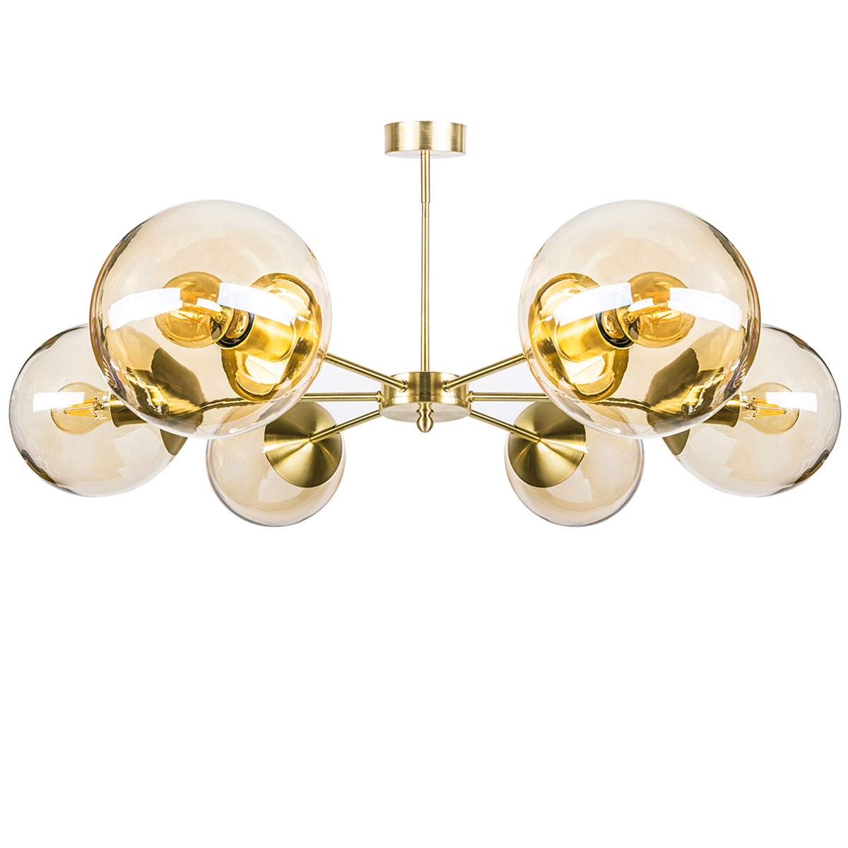 Bild 1: 6-armiger Glaskugel-Deckenleuchter, hier 20 cm-Gläsern Bernstein gelüstert und Halterung in Messing 6-armiger Glaskugel-Deckenleuchter, farbig oder klar Ø 85 cm: 6-armiger Glaskugel-Deckenleuchter, hier 20 cm-Gläsern Bernstein gelüstert und Halterung in Messing