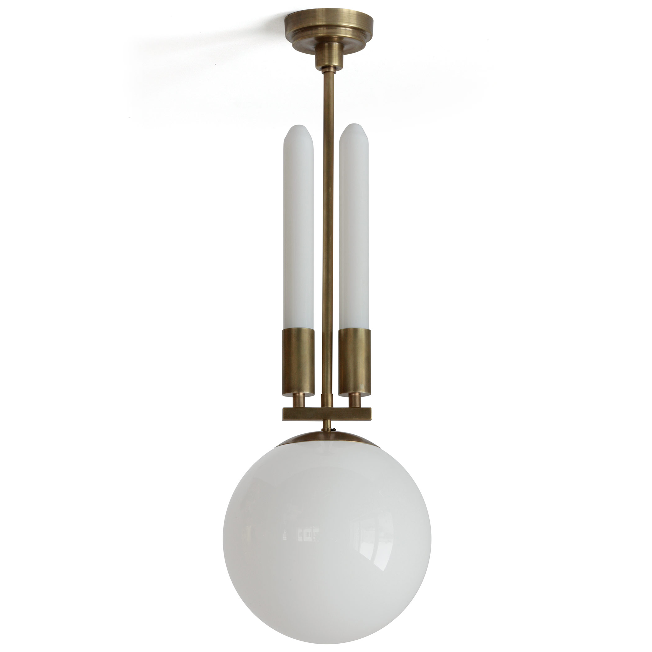 Extravagante Kugel-Hängeleuchte mit zwei Röhrenlampen im Art déco-Stil der 30er Jahre