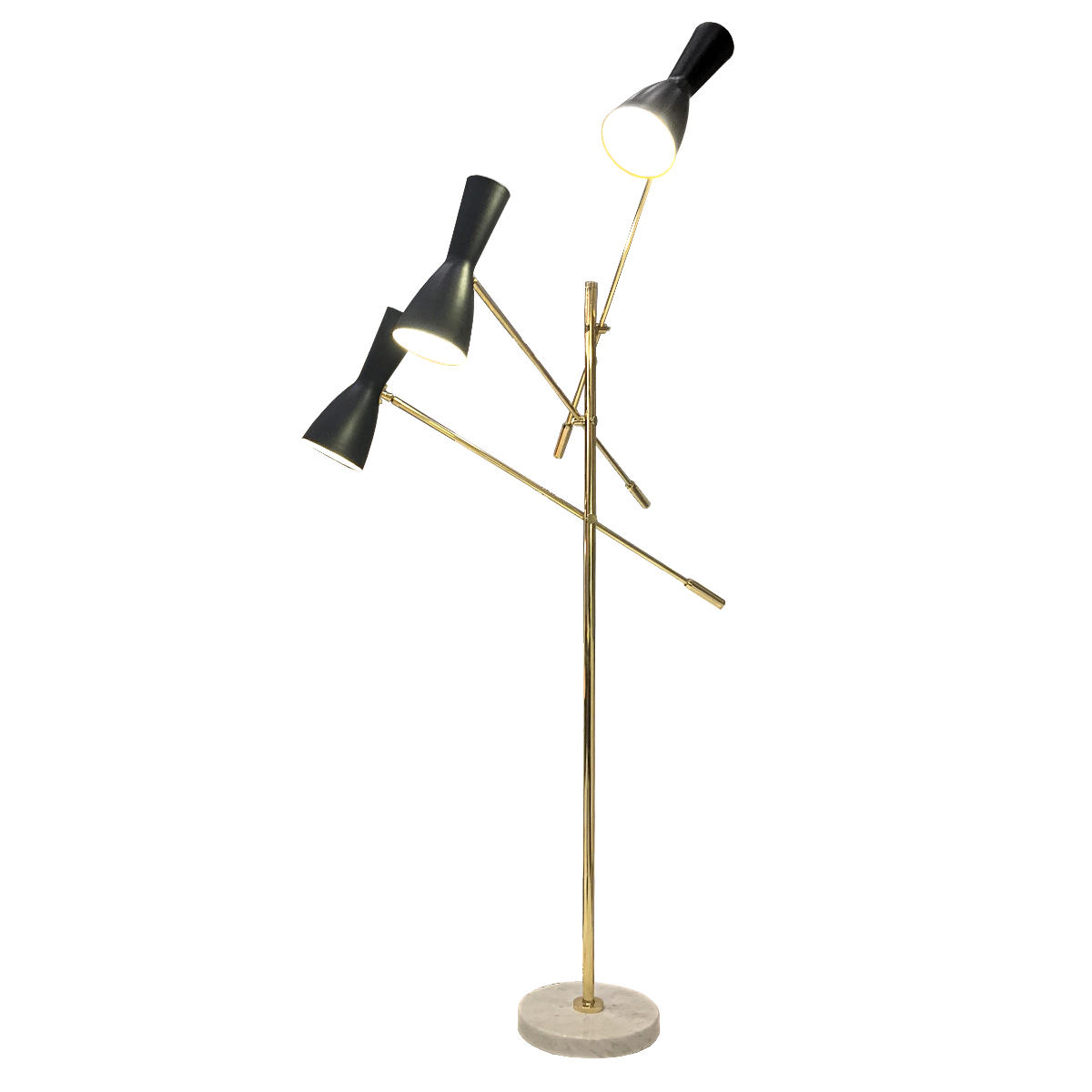 Mid century floor light with three brass arms and marble base