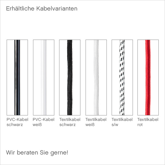 ZWICKAU Kupfer-Hängeleuchte mit Kegelschirm, Ø 20–40 cm: Die erhältlichen Kabelvarianten