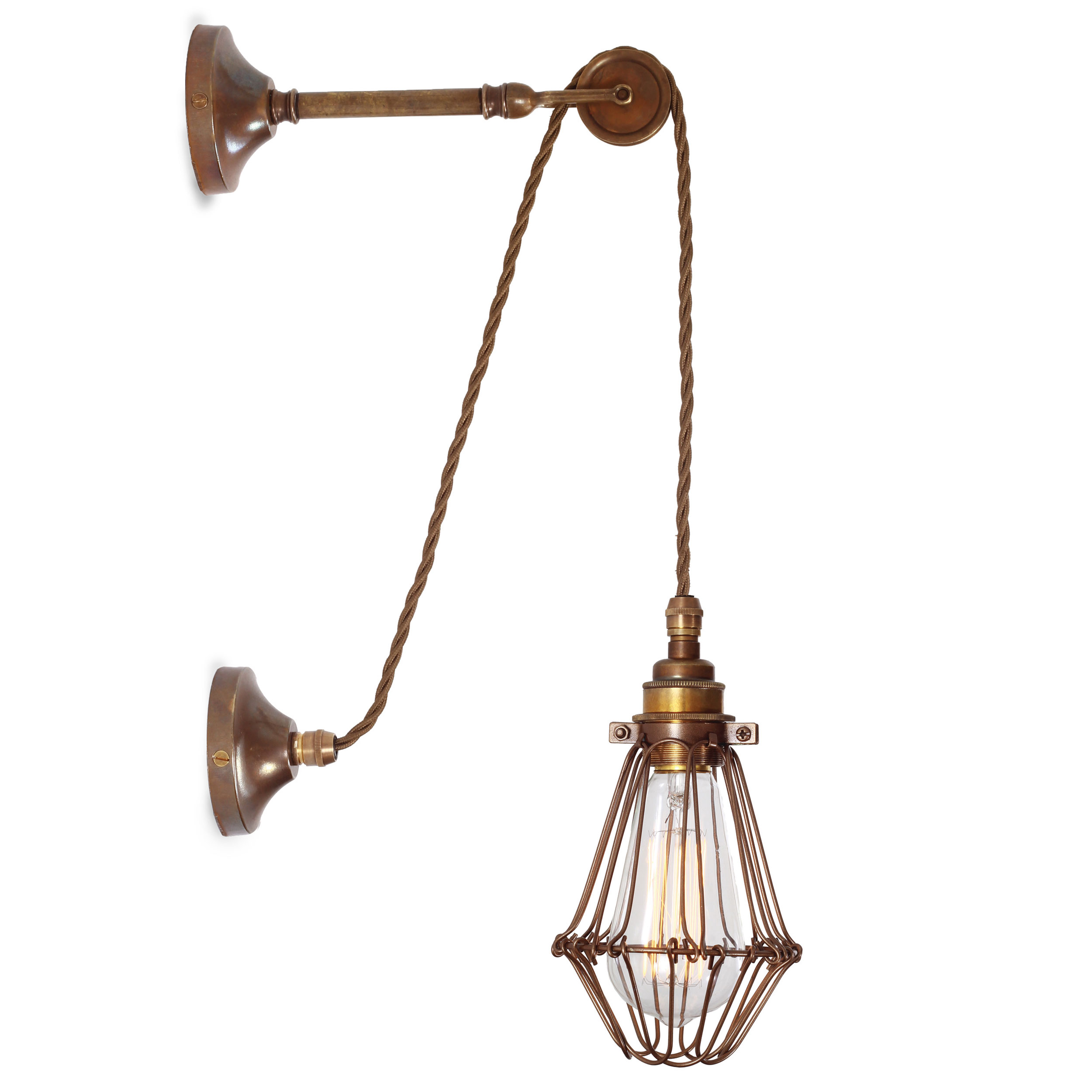 Wand-Pendelleuchte mit Lampenkäfig und Umlenkrolle Wand-Pendelleuchte mit Lampenkäfig und Umlenkrolle