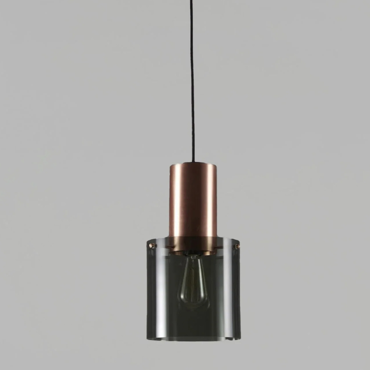 Brass or copper glass-cylinder pendant lamp WALTER: Das große Modell mit Kupfer und Rauchglas