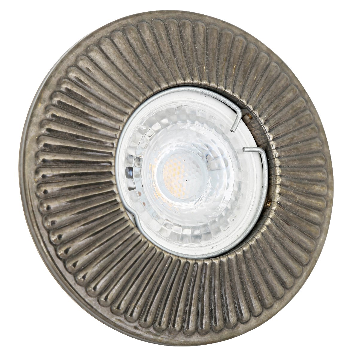 Bild 3: Nostalgischer Einbau-Spot für GU10, hier der Ausführung „Alt-Silbern patiniert“ Dekorativer Einbau-Deckenspot aus Messing Ø 10 cm: Nostalgischer Einbau-Spot für GU10, hier der Ausführung „Alt-Silbern patiniert“