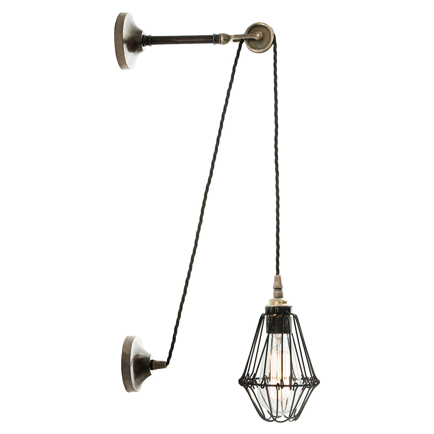 Bild 3: Die urige Galgen-Wandlampe, hier Messing alt-silbern patiniert Wand-Pendelleuchte mit Lampenkäfig und Umlenkrolle: Die urige Galgen-Wandlampe, hier Messing alt-silbern patiniert