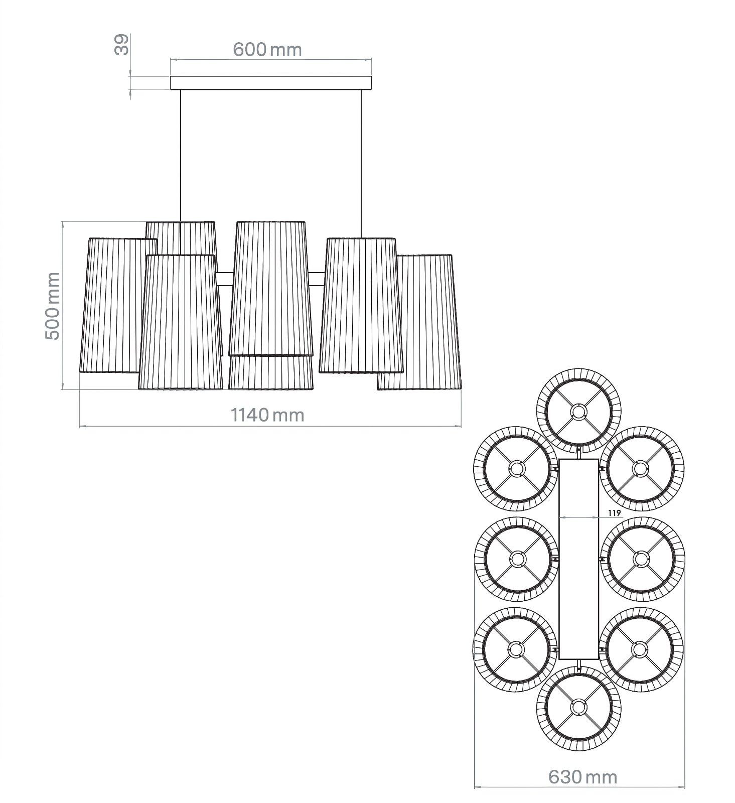 Large Chandelier with 6 or 8 Taffeta Shades FIESTA: Das große Model mit acht Schirmen