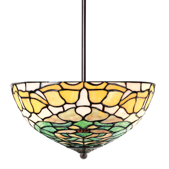 Bild 1: Tiffanyglas-Deckenleuchte mit floralem Muster Hänge-Deckenleuchte mit floralem Tiffanyglas-Dessin: Tiffanyglas-Deckenleuchte mit floralem Muster