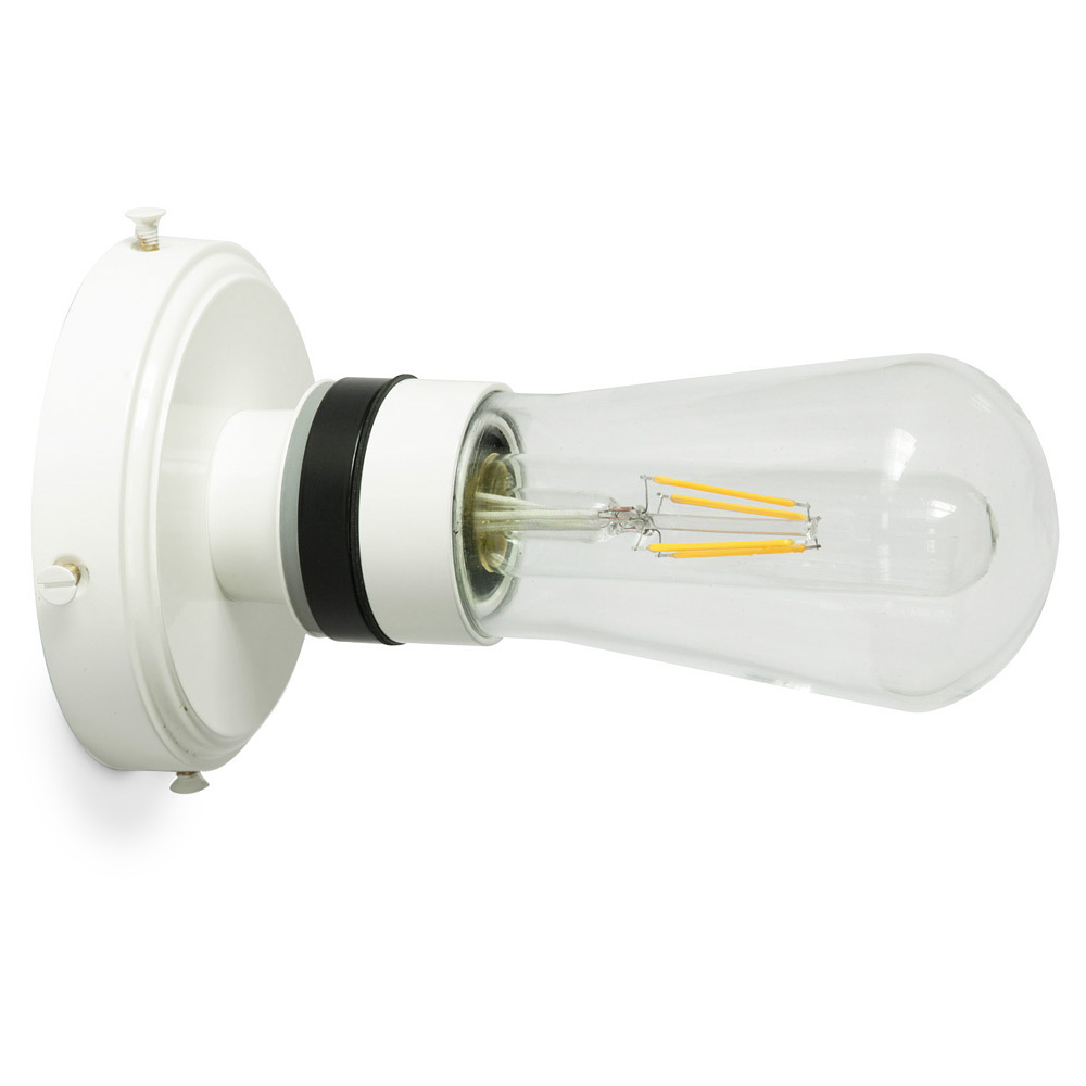 Einfache Badezimmer-Wandlampe mit Glaskolben, IP65: Zeitlose Wirkung in weiß: eine einfache Bad-Wandleuchte mit Glaskolben