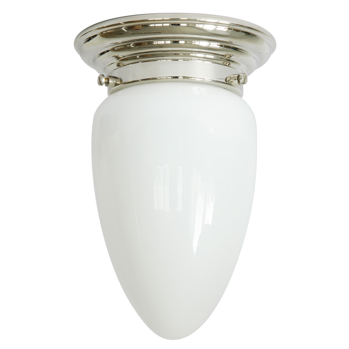 Art déco-Deckenlampe mit Zapfen-Opalglas Ø 14 cm: Abgebildet mit Deckenteil in Messing glanzvernickelt