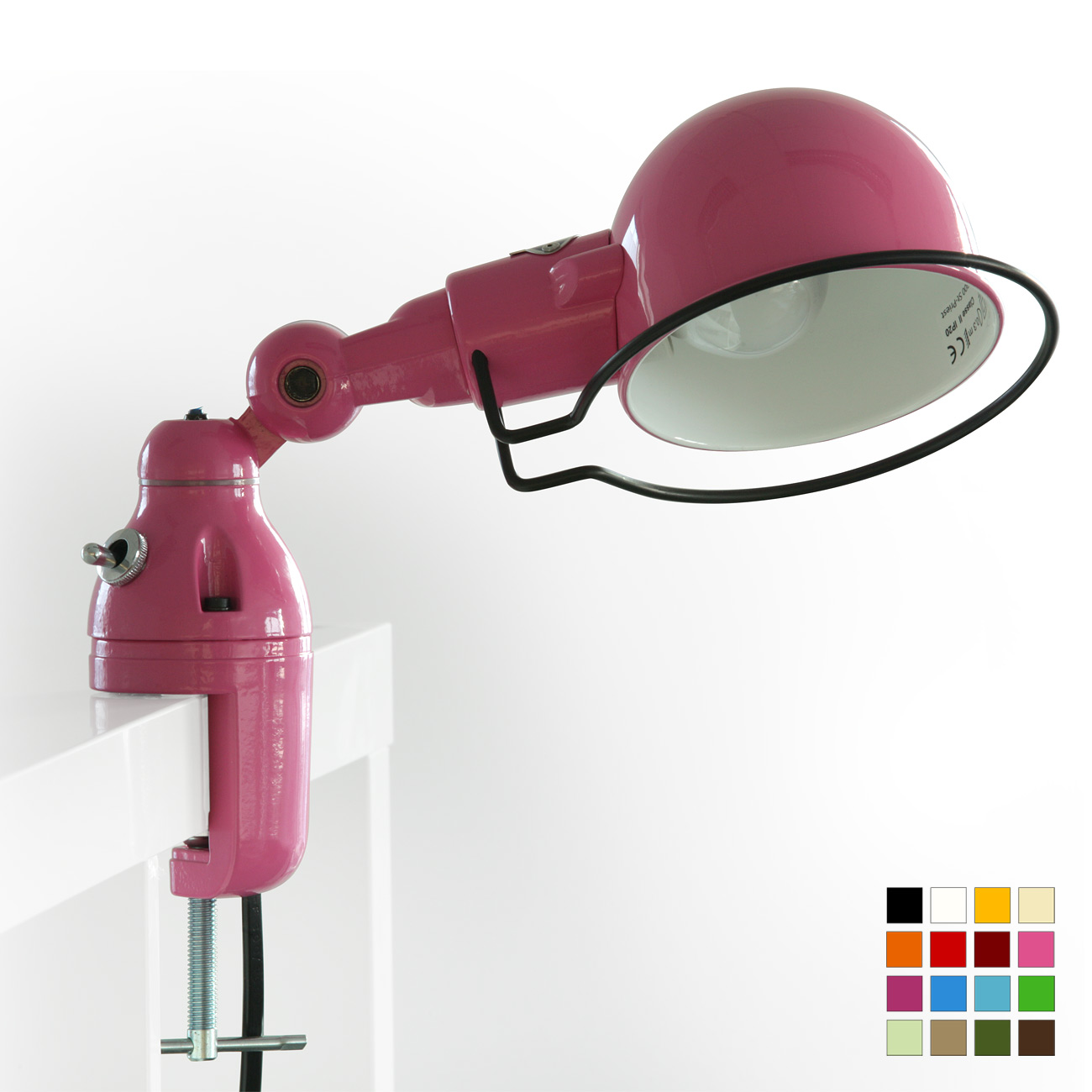 Kleine kurze Klemm-Leuchte SIGNAL SI302 für Regale: SIGNAL SI302: eine kurze Klemm-Lampe für Regale bis 40 mm, hier lackiert in RAL 4003 Erikaviolett glänzend