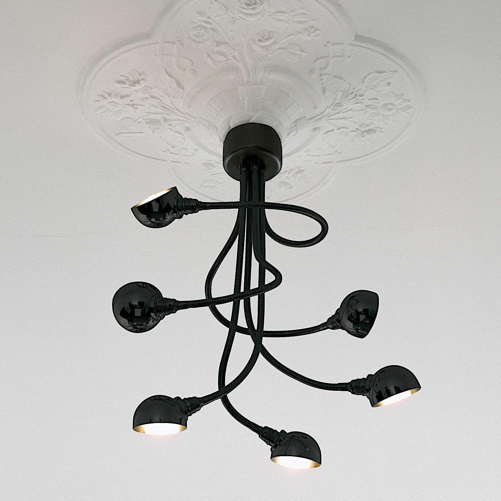 Deckenleuchter CALAMARI mit 6 Flex-Armen, schwarz lackiert Deckenleuchter CALAMARI mit 6 Flex-Armen, schwarz lackiert