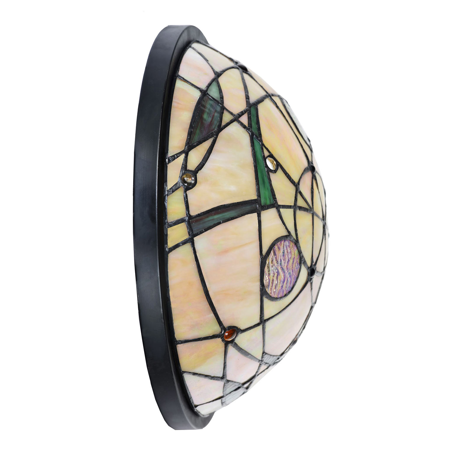 Runde Wandleuchte mit dekorativen Tiffany-Glaseinsätzen: Mit Buntglas verziert für stimmungsvolle Beleuchtung: gewölbte Tiffanyglas-Wandleuchte (ausgeschaltet)