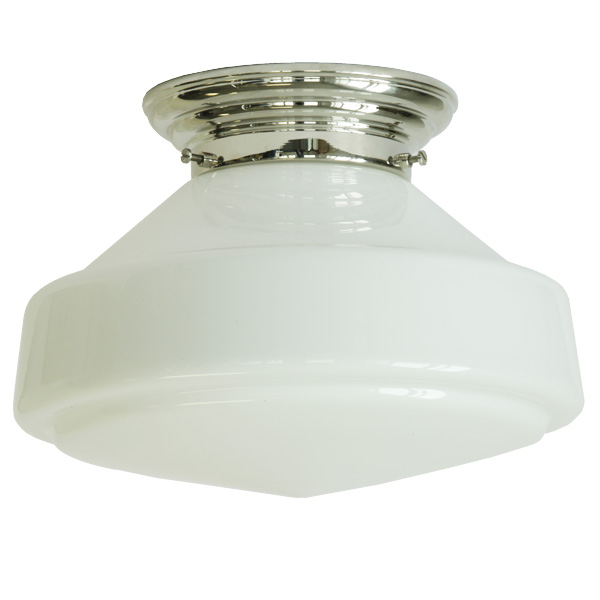 Messing-Deckenlampe mit großem Opalglas Ø 30 cm: Deckenleuchte, abgebildet mit glanzvernickeltem Deckenteil