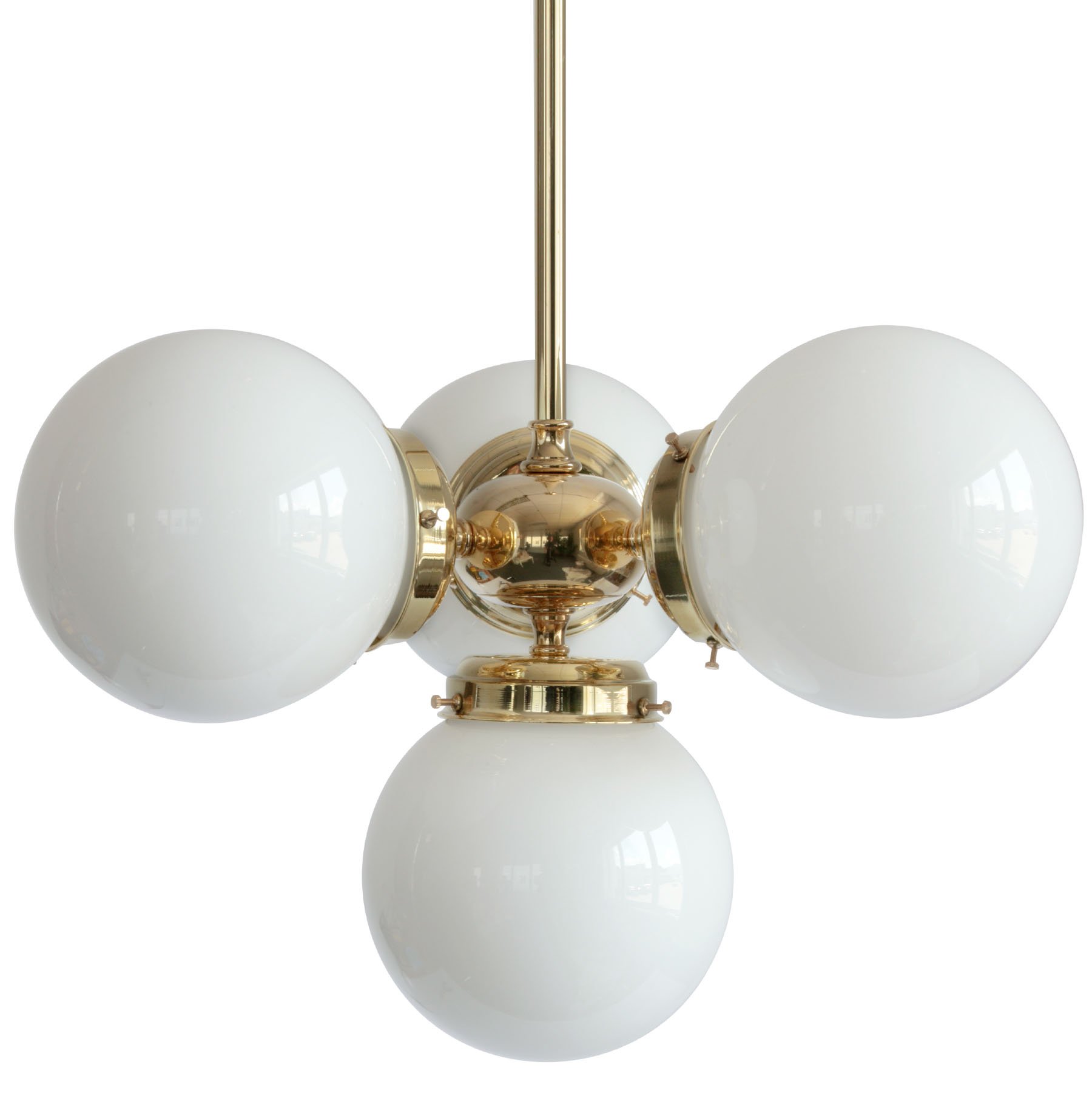 Chandelier With Four Small Glass Globes Made of White Opal Glass: Messing lackiert und poliert