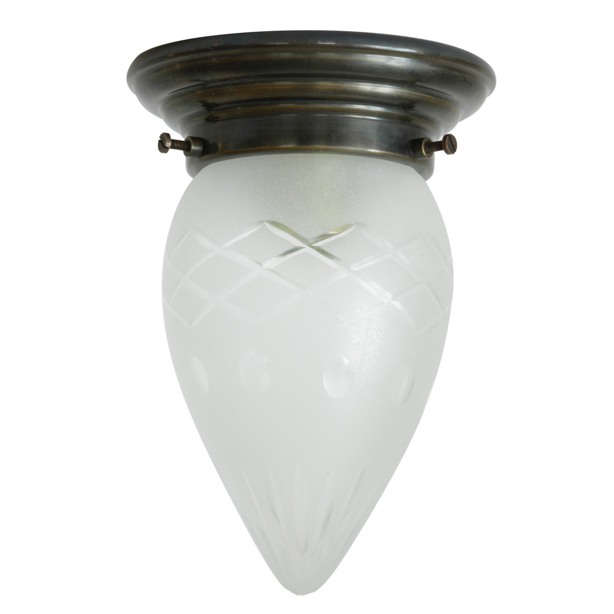 Bild 4: Modell 2 (Schliff-Muster mit Rauten), hier in Messing patiniert Kleine Deckenlampe mit geschliffenem Spitzglas Ø 14 cm: Modell 2 (Schliff-Muster mit Rauten), hier in Messing patiniert