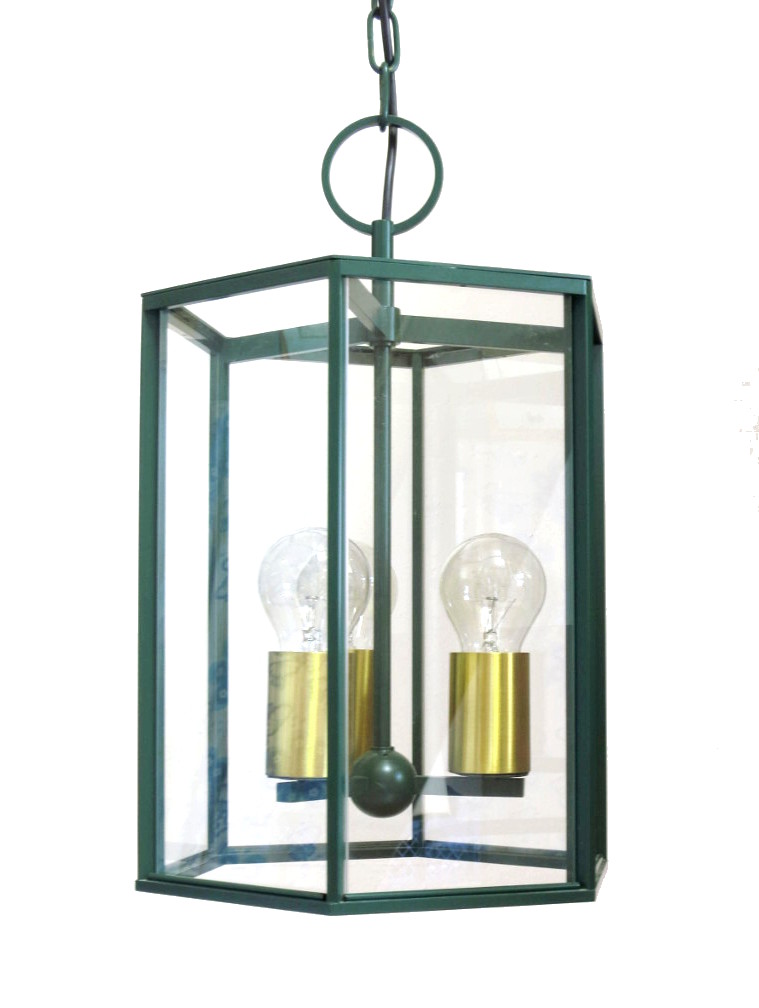 Große sechsseitige Manufaktur-Hängeleuchte aus Messing 3597: Hängeleuchte aus Messing, grün lackiertes Sondermodell mit Fassungshülsen aus rohem Messing (bitte anfragen)