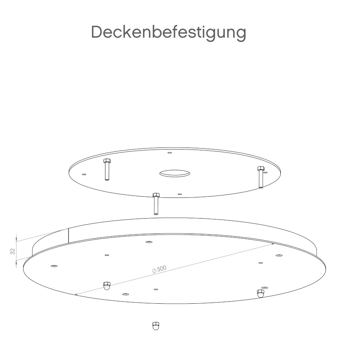 Bild 13: Rundes Deckenteil Ø 50 cm aus schwarz lackiertem Stahlblech Kaskade mit fünf Röhren-Pendelleuchten TOBINO, Kupfer oder Messing: Rundes Deckenteil Ø 50 cm aus schwarz lackiertem Stahlblech